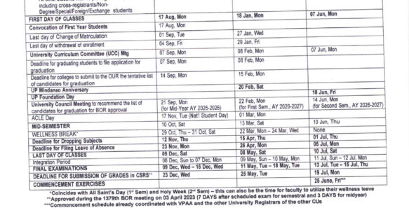 Academic Calendar for Academic Year 2026-2027 of UP Mindanao